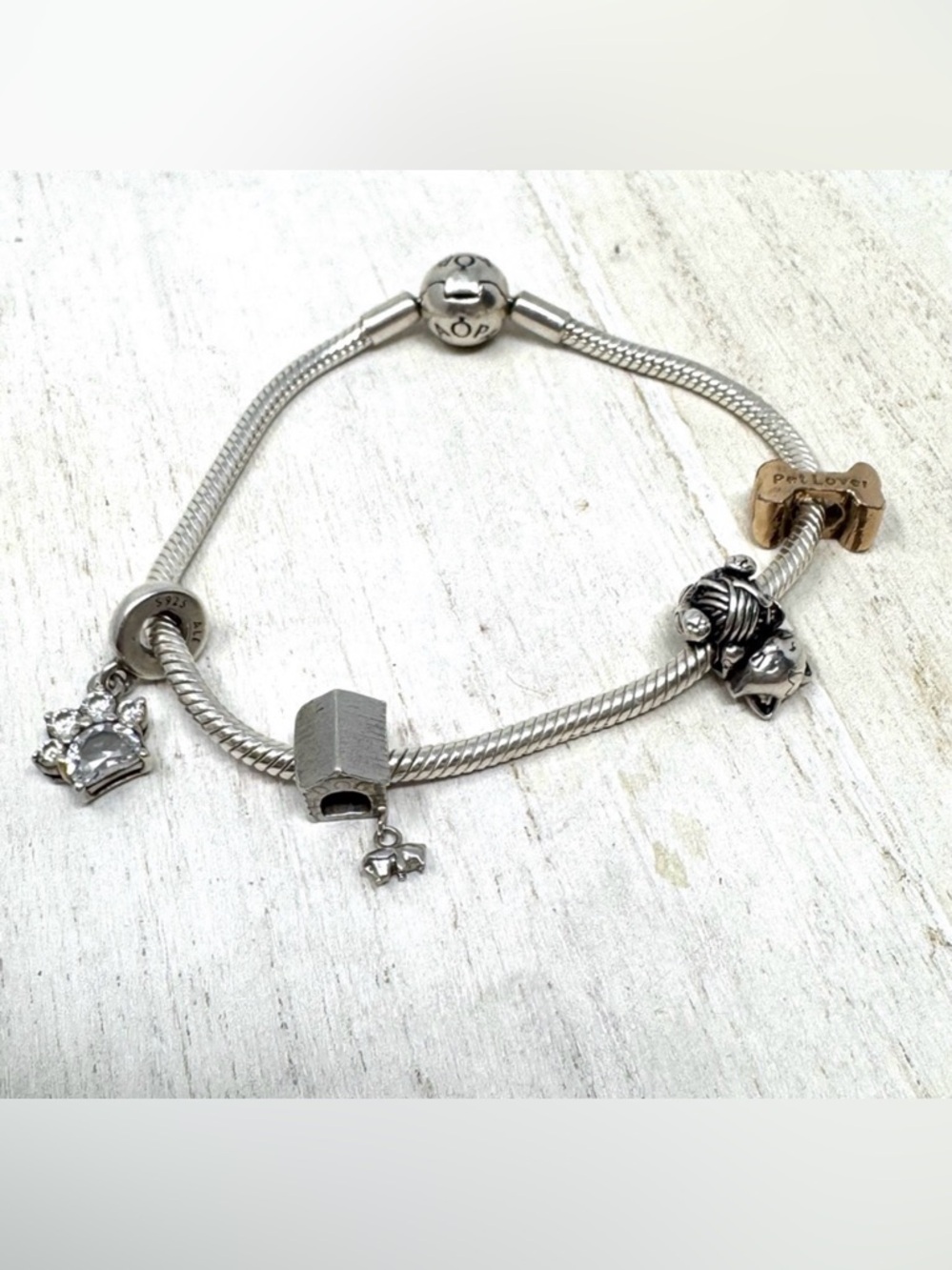PANDORA 4* charm “pet lovers” themed sterling silver bracelet
